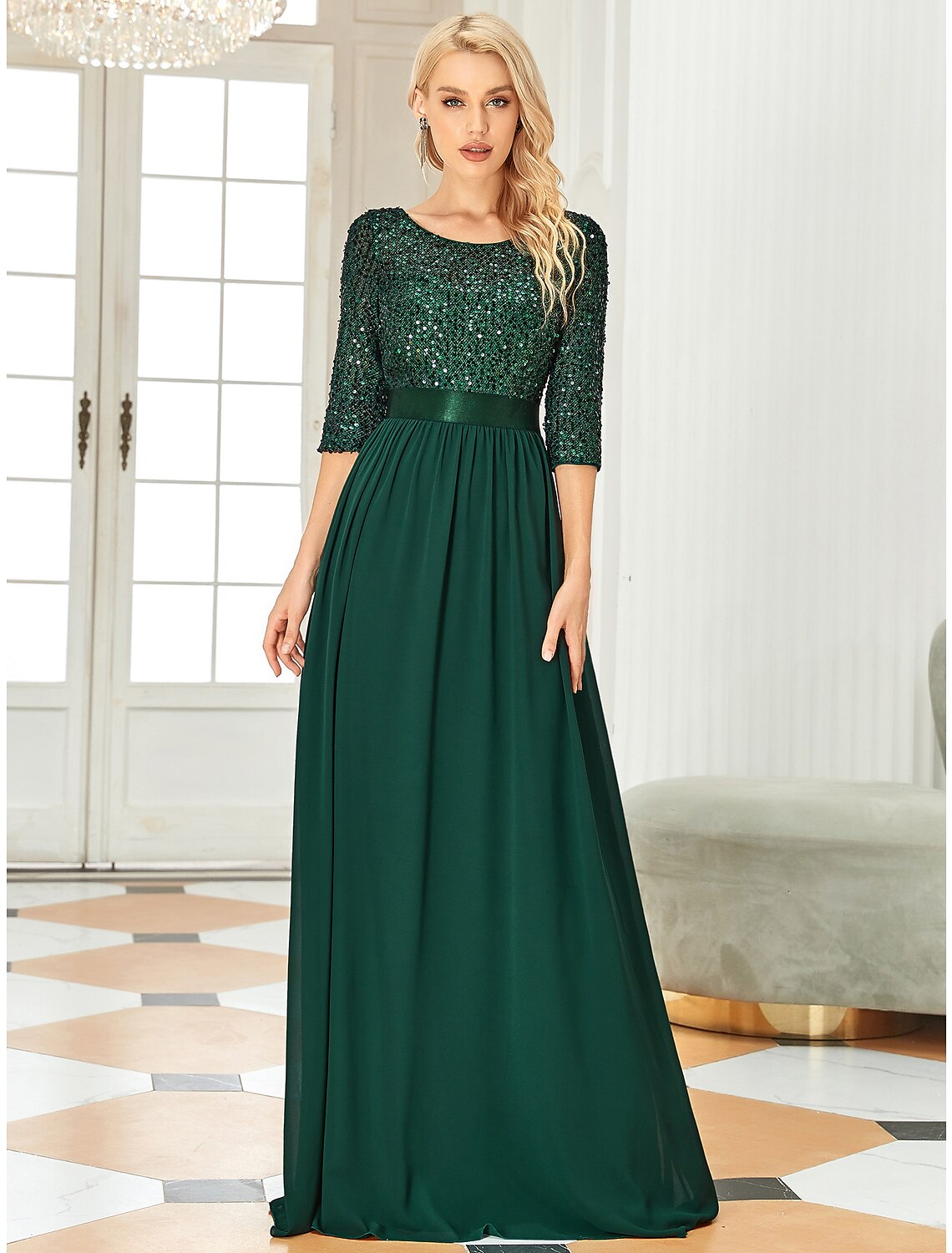 A-Line Mother of the Bride Dress Wedding Guest Plus Size Elegant Jewel Neck Floor Length Tulle Sequined 3/4 Length Sleeve with Sequin Fall