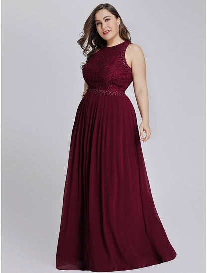 A-Line Prom Dresses Elegant & Luxurious Dress Wedding Guest Prom Floor Length Sleeveless Jewel Neck Chiffon with Crystals