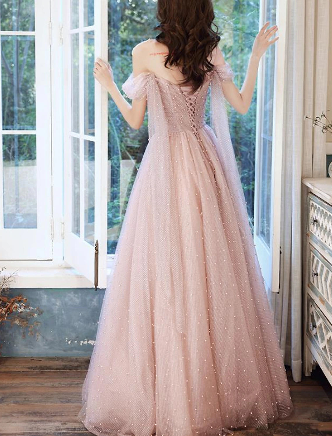 A-Line Prom Dresses Elegant Dress Wedding Guest Engagement Floor Length Sleeveless Illusion Neck Tulle with Pleats Beading