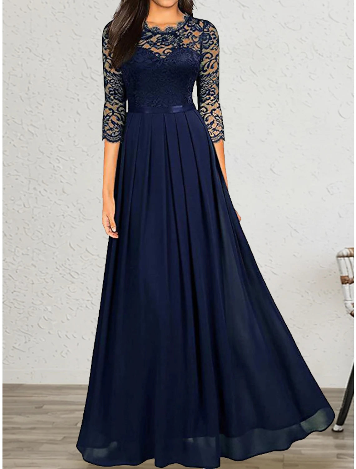 Vestido negro de mujer, vestido de fiesta, vestido de encaje negro, vestido de fiesta, vestido largo, vestido maxi verde, manga 3/4, primavera otoño, cuello redondo, moda