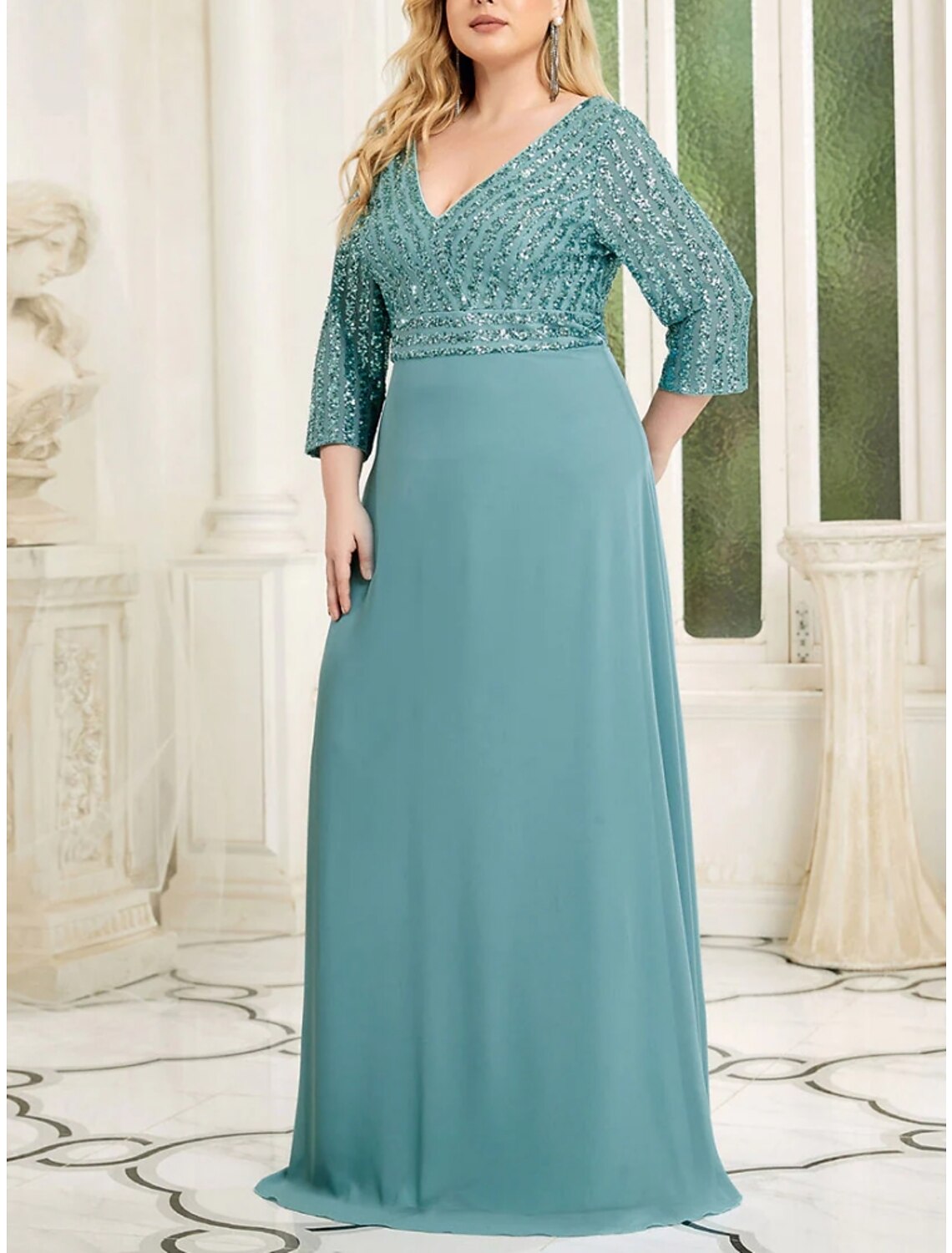 Vestido de madre de la novia con corte A, talla grande, curvas, para invitada de boda, brillo y resplandor, elegante, escote en V, largo hasta el suelo, gasa con lentejuelas, manga 3/4 con pliegues, lentejuelas, color liso