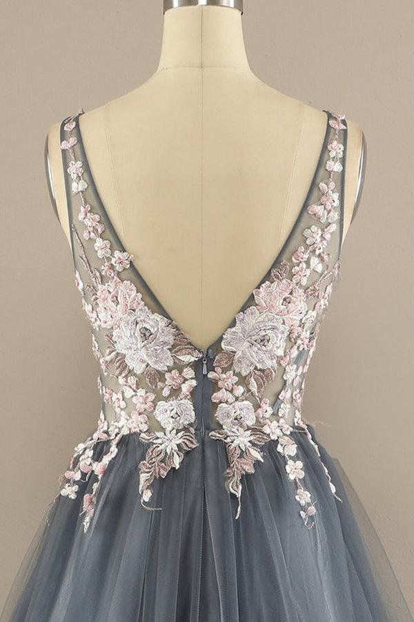 A line V Neck Tulle Lace Prom Dress