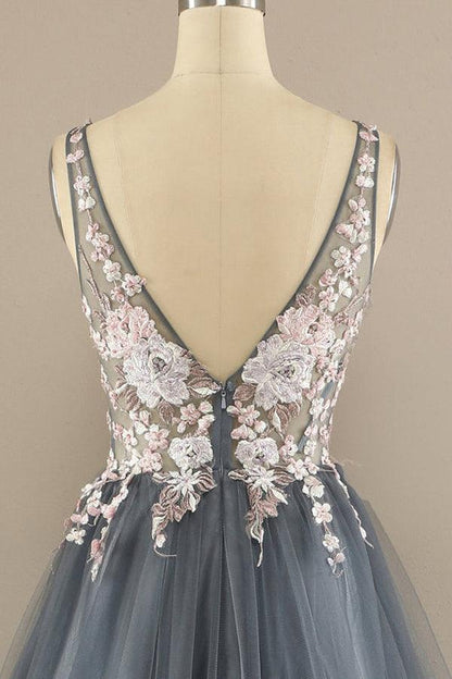 A line V Neck Tulle Lace Prom Dress