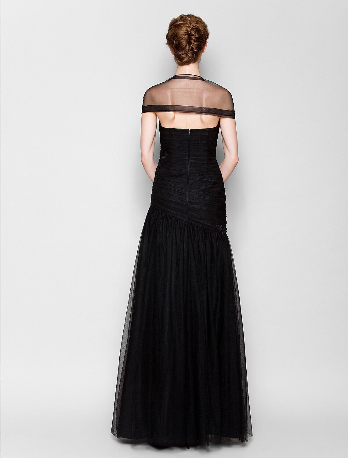 Fit & Flare Mother of the Bride Dress Queen Anne Floor Length Tulle Short Sleeve No with Criss Cross Appliques