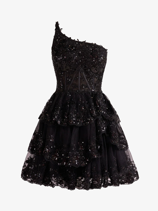 A Line One Shoulder Tiered Lace Short Homecoming Dress