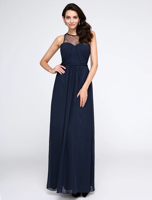 Etuikleid/Säulenkleid, elegantes Kleid, für Feiertage, Cocktailpartys, knöchellang, ärmellos, Illusionsausschnitt, Chiffon mit seitlicher Drapierung