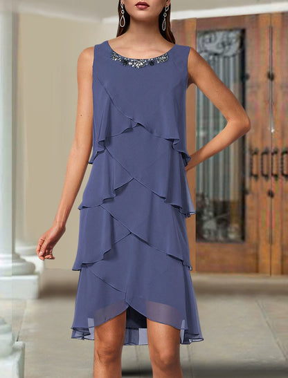 Two Piece A-Line Mother of the Bride Dress Elegant Jewel Neck Knee Length Chiffon Sleeveless Wrap Included with Beading Sequin Ruffles