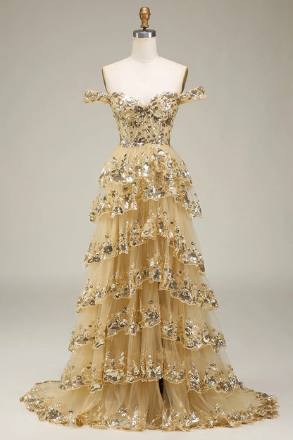 A-line Goegeous Off The Shoulder Long Tiered Prom Dress With Appliques