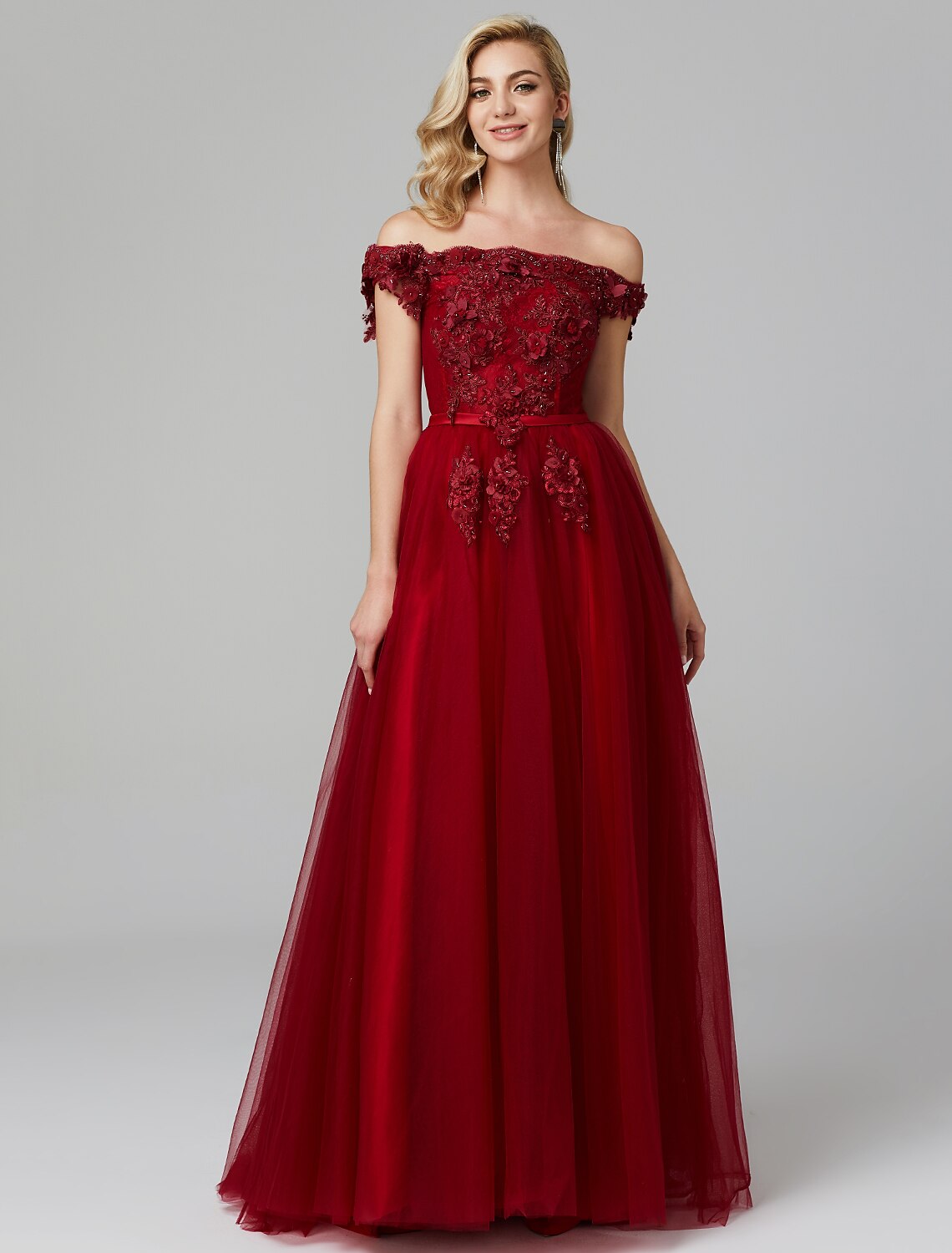 Vestido floral de corte A para invitada de boda, baile de graduación, cola larga/cortada, sin mangas, hombros descubiertos, tul sobre encaje con apliques