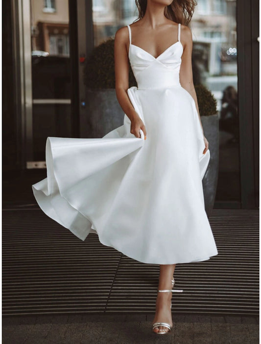 Vestidos de novia sencillos de recepción, vestidos de novia de corte A, escote en V, manga larga, largo hasta la rodilla, vestidos de novia de gasa con pliegues