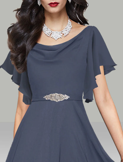 A-Line Wedding Guest Dresses Cocktail Party Kentucky Derby Tea Length Short Sleeve Cowl Neck Belt / Sash Chiffon with Rhinestone