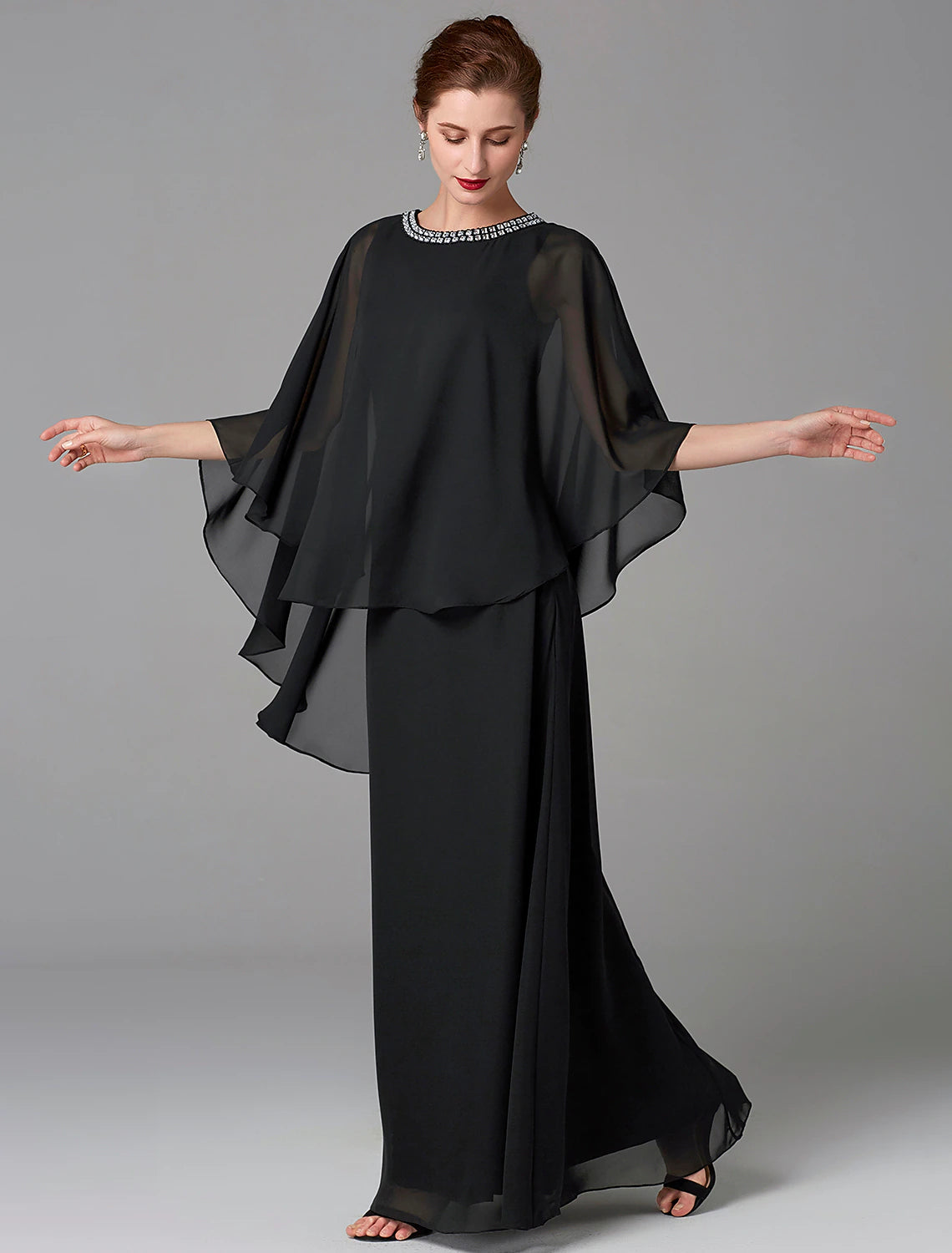 A-Line Mother of the Bride Dress Wedding Guest Elegant Cape Dress Plus Size Jewel Neck Floor Length Chiffon Sleeveless with Beading