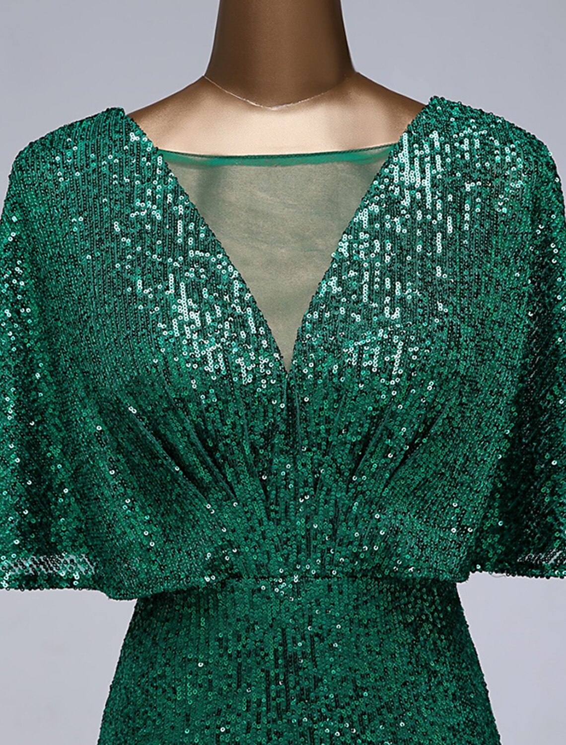 Vestidos de fiesta de sirena/trompeta, vestido brillante, para invitadas de boda, para graduación, largo hasta el suelo, media manga, cuello ilusión, con lentejuelas y volantes de lentejuelas