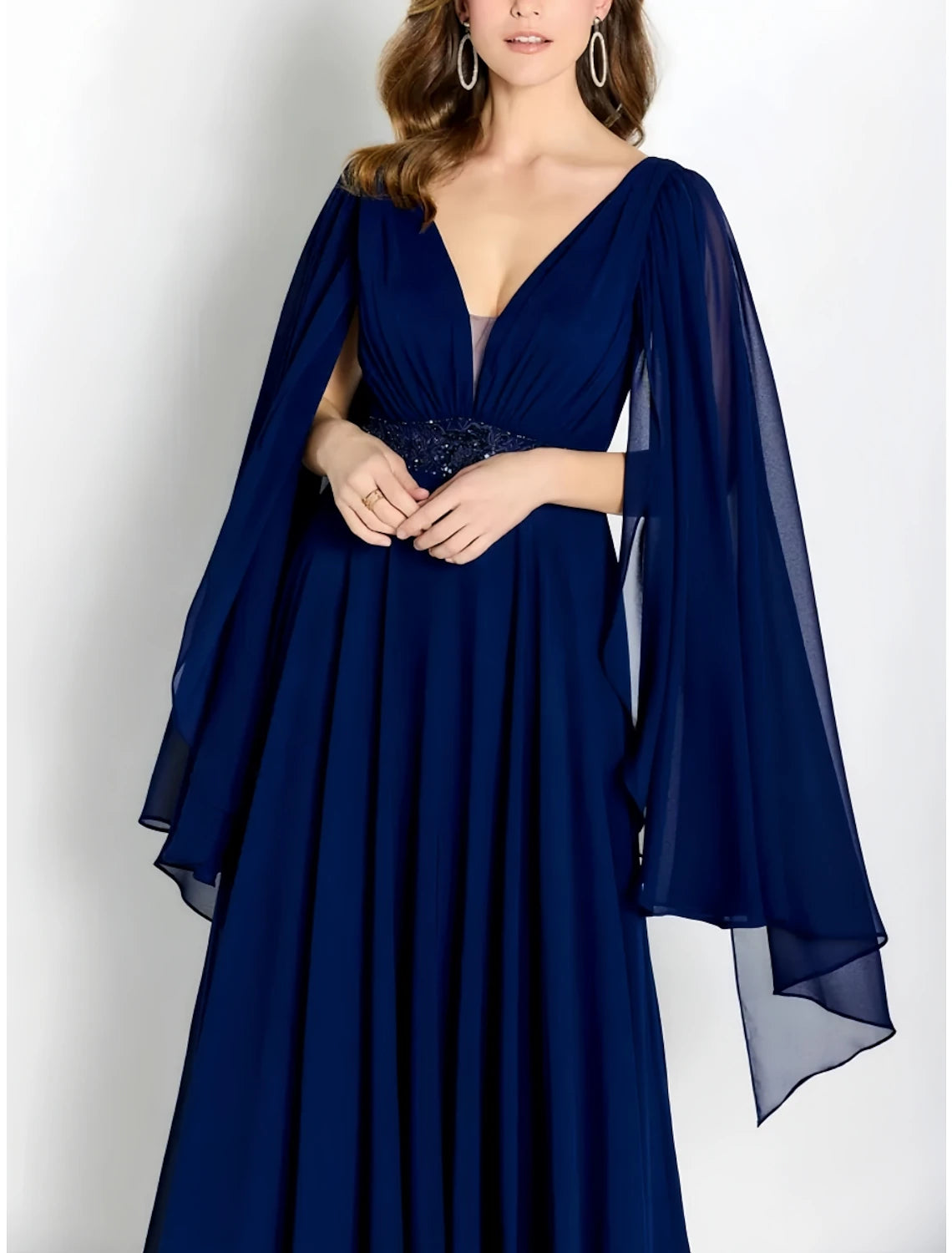 A-Line Mother of the Bride Dress Wedding Guest Party Elegant V Neck Floor Length Chiffon Long Sleeve with Pleats Crystals