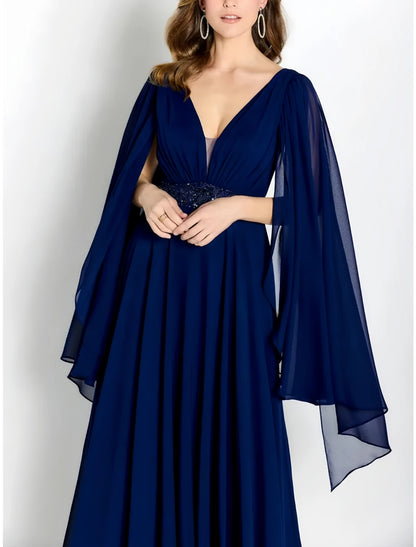 A-Line Mother of the Bride Dress Wedding Guest Party Elegant V Neck Floor Length Chiffon Long Sleeve with Pleats Crystals