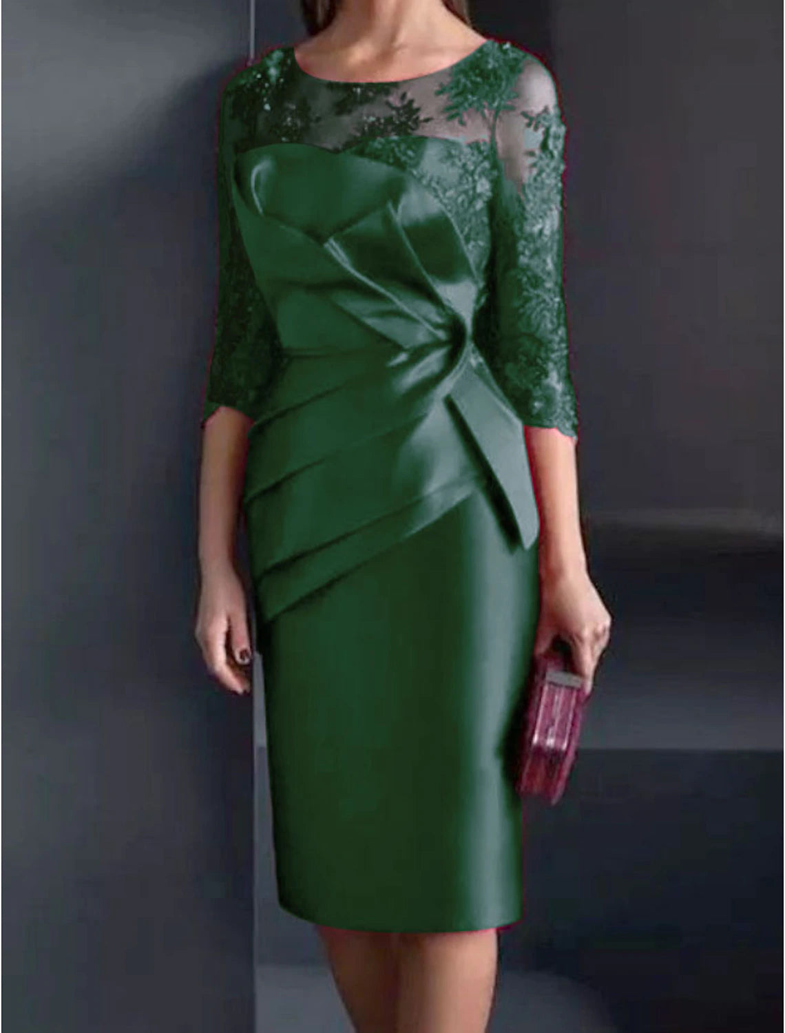 Vestido de Madre de la Novia con Corte Vaina/Columna para Invitadas de Boda Elegante Cuello Ilusión Largo a la Rodilla Encaje Satén Manga 3/4 con Apliques Fruncido