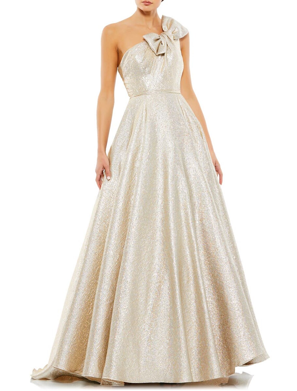 Vestidos de fiesta de corte A, brillantes, para boda, hasta el suelo, sin mangas, con un hombro al descubierto, de satén y con lazo(s).