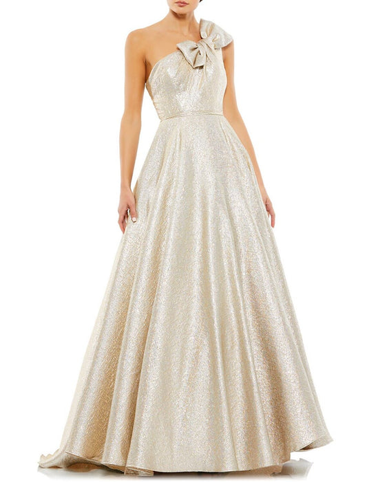 Vestidos de fiesta de corte A, brillantes, para boda, hasta el suelo, sin mangas, con un hombro al descubierto, de satén y con lazo(s).