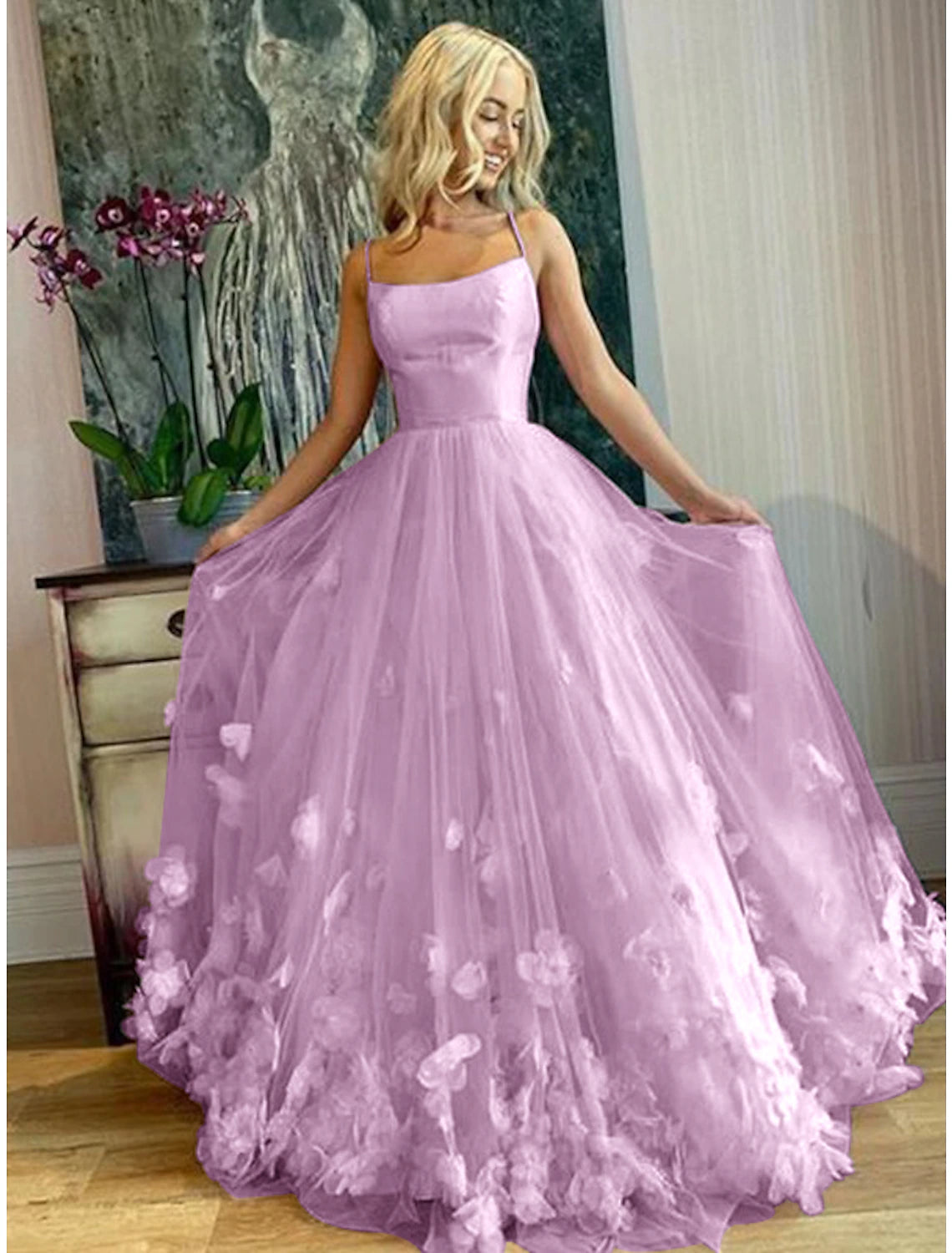 Vestido de fiesta de graduación de corte A, floral, para quinceañeras, largo hasta el suelo, sin mangas, tirantes finos, de tul con pliegues y apliques