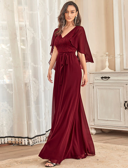 A-Line Mother of the Bride Dress Plus Size Elegant V Neck Floor Length Chiffon Tulle Half Sleeve with Sash / Ribbon