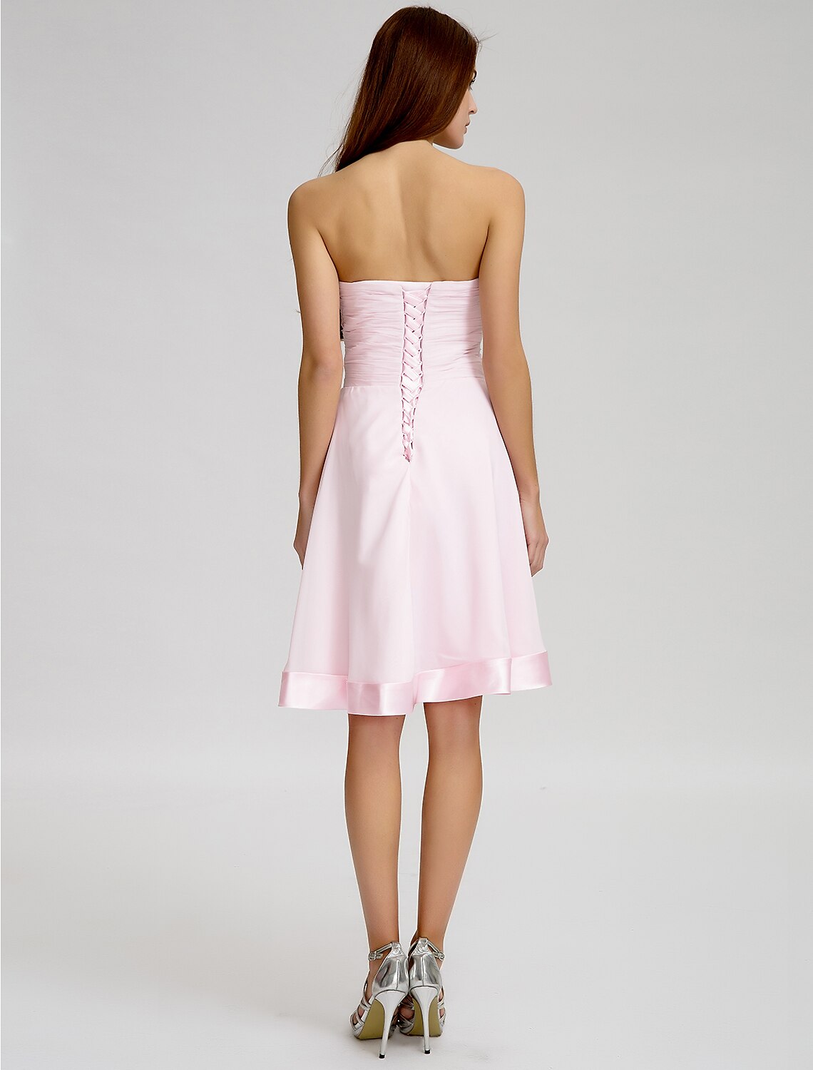A-Linie, trägerlos, knielang, Chiffon-Brautjungfernkleid mit Schleife(n) / überkreuzt