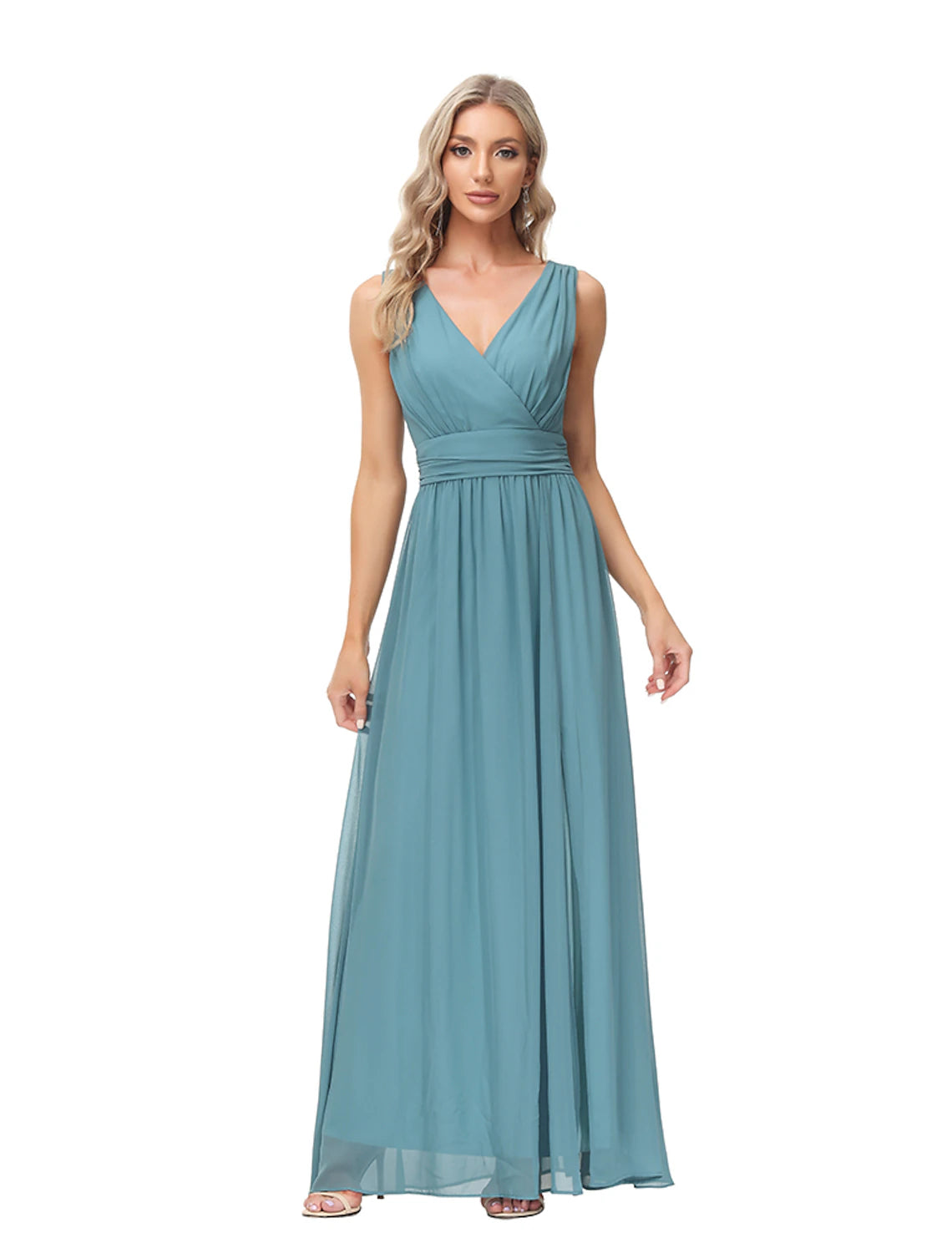 A-Line Evening Gown Elegant Dress Wedding Guest Party Wear Floor Length Sleeveless V Neck Bridesmaid Dress Chiffon V Back with Slit