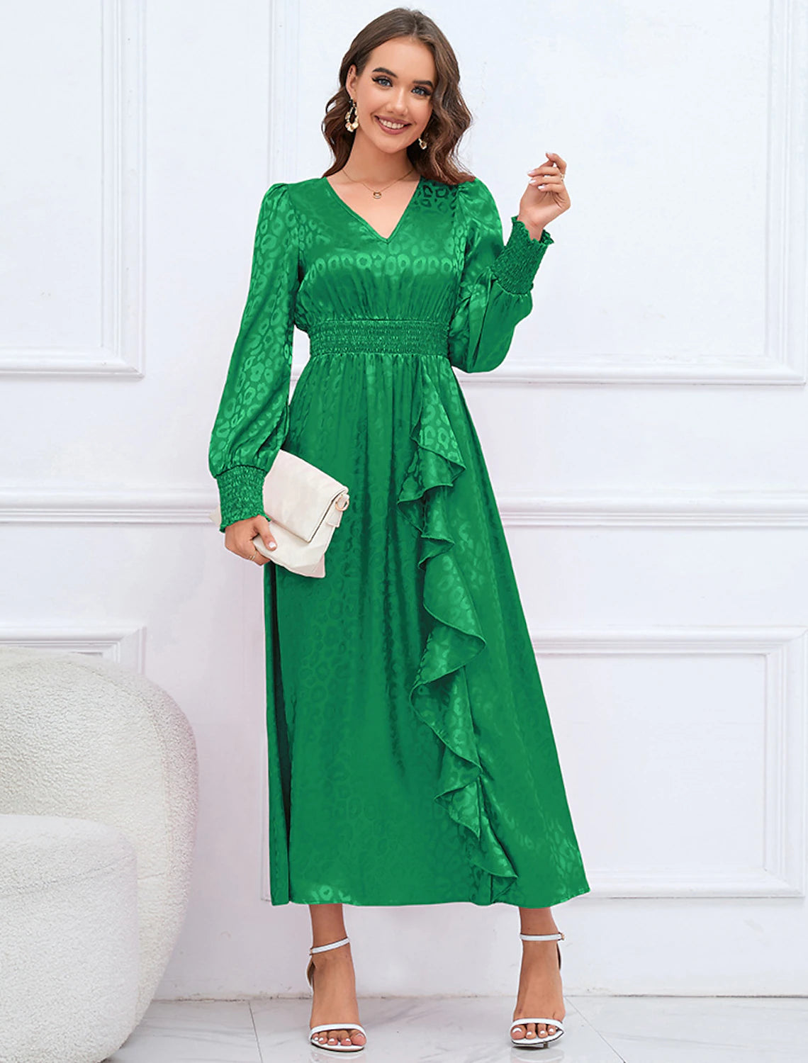 Vestidos de fiesta de corte A, elegantes, formales, de otoño, largos hasta los tobillos, mangas largas, cuello en V, de satén con volantes estampados