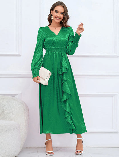 Vestidos de fiesta de corte A, elegantes, formales, de otoño, largos hasta los tobillos, mangas largas, cuello en V, de satén con volantes estampados