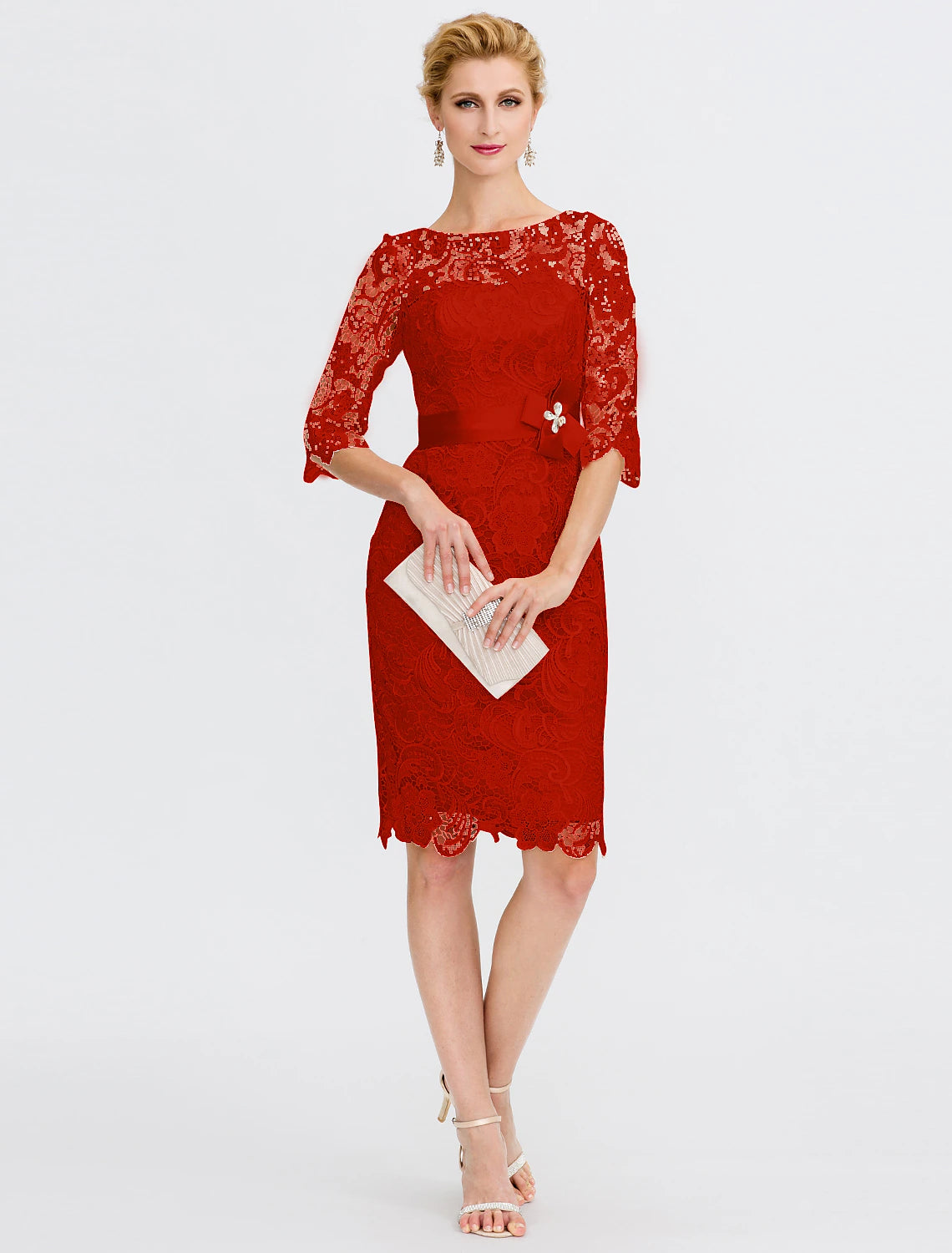 Sheath / Column Mother of the Bride Dress Formal Wedding Guest Plus Size Elegant Illusion Neck Knee Length All Over Lace 3/4 Length Sleeve with Bow(s)