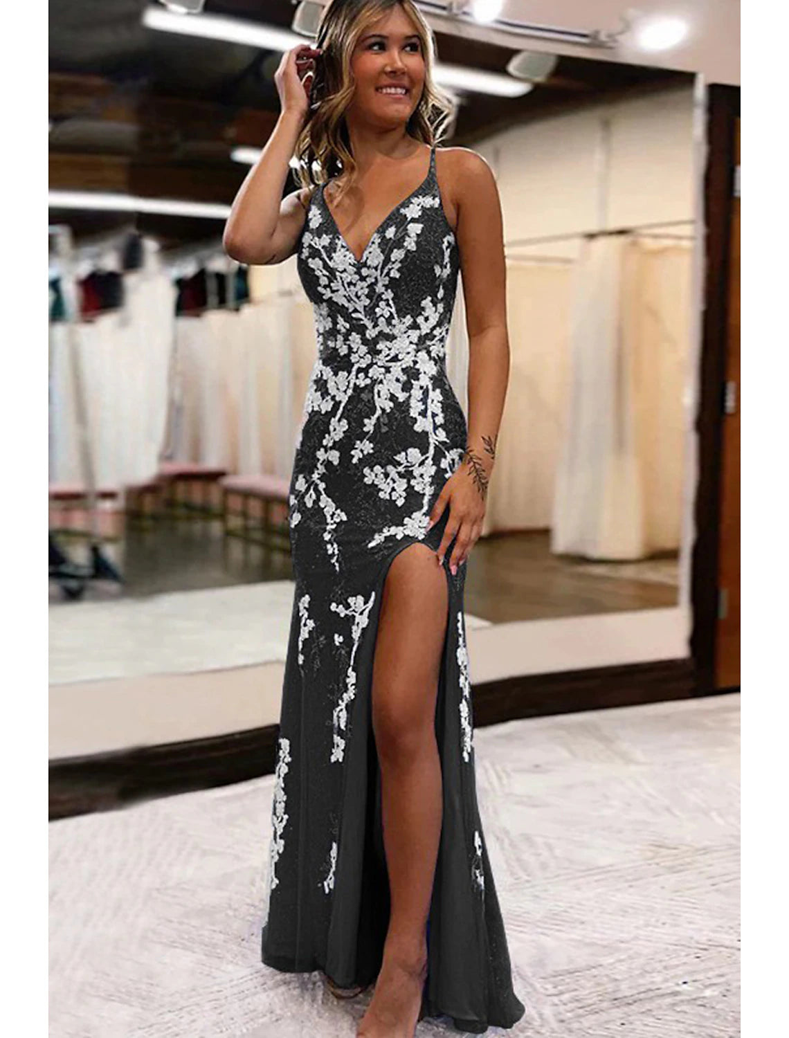 Vestidos de fiesta de sirena/trompeta con espalda abierta, vestido formal para fiesta de bodas, cola larga/cepillo, sin mangas, escote en V, tul, espalda descubierta con apliques de abertura