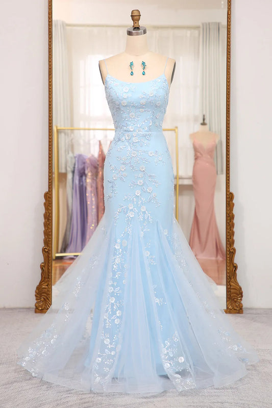 Mermaid Spaghetti Straps Lace Up Sequin Long Prom Dress