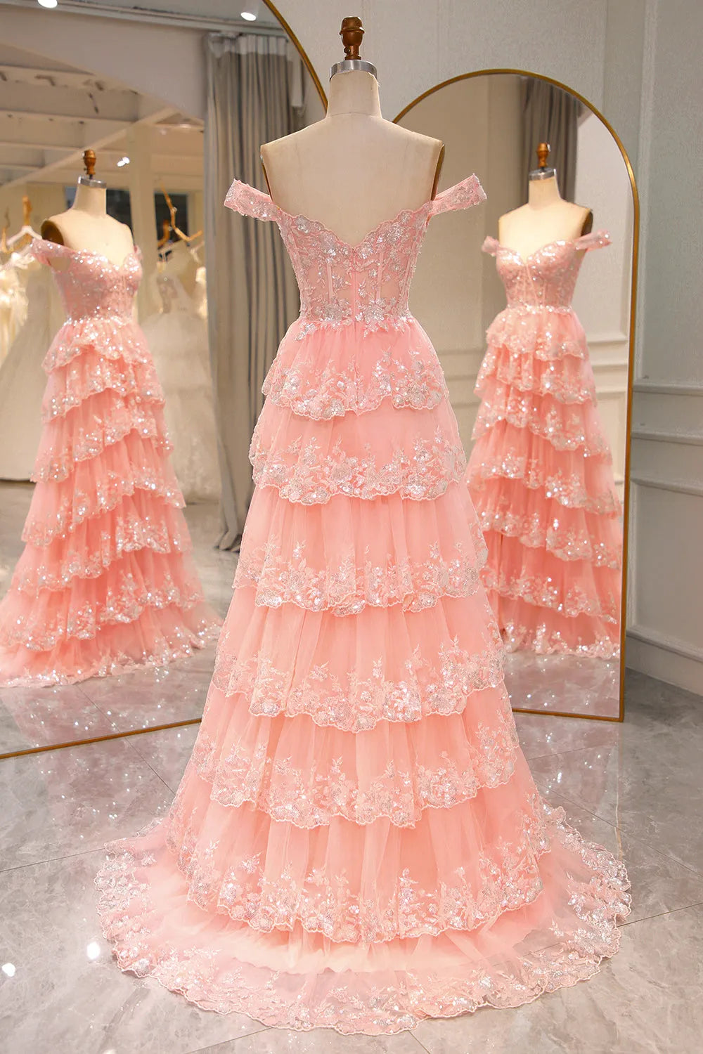 A-Line Off The Shoulder  Sequin Long Prom Dress with Split