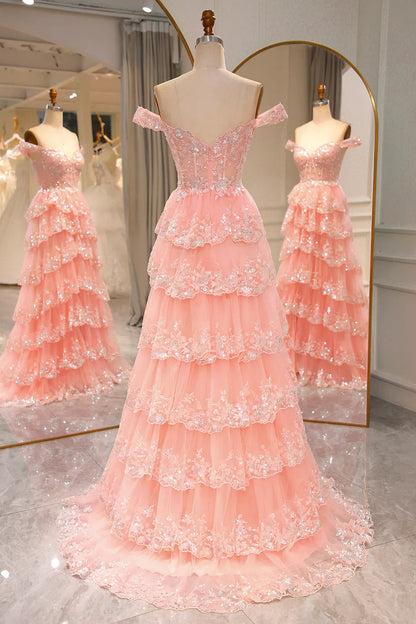 A-Line Off The Shoulder  Sequin Long Prom Dress with Split