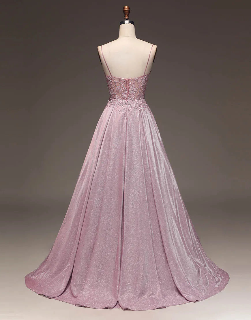 A-Linie Spaghettiträger Langes Glitzer-Ballkleid