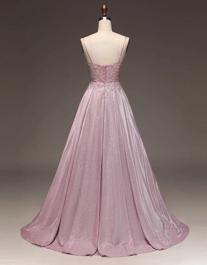 A-Linie Spaghettiträger Langes Glitzer-Ballkleid