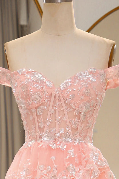 A-Line Off The Shoulder  Sequin Long Prom Dress with Split