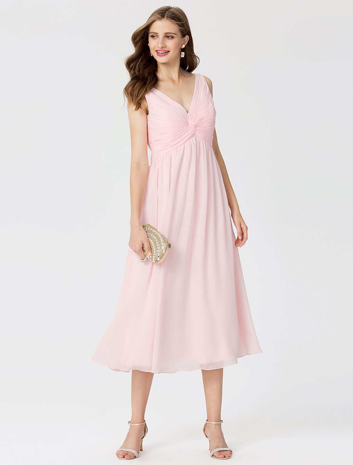 Ball Gown / A-Line V Neck Tea Length Chiffon Bridesmaid Dress with Criss Cross / Beading