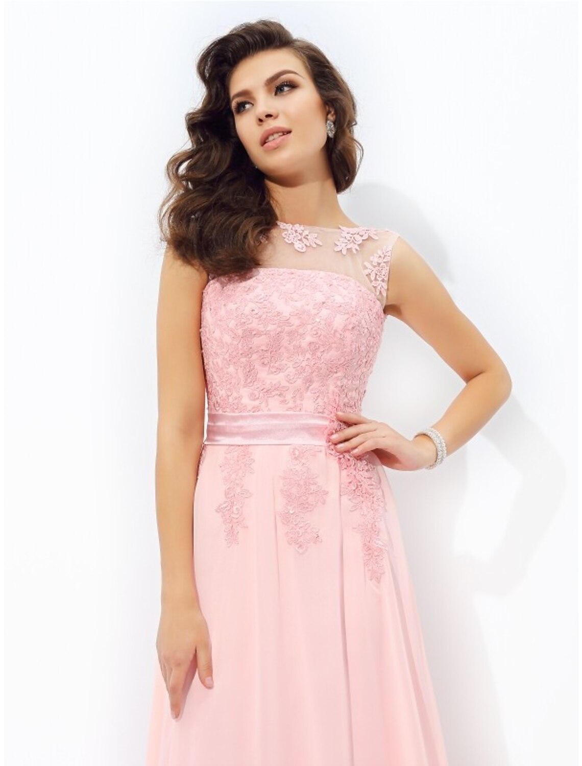 Vestidos de fiesta de corte A, brillantes y con brillo, para invitados de boda, formales, largos hasta el suelo, sin mangas, cuello joya, de gasa con apliques