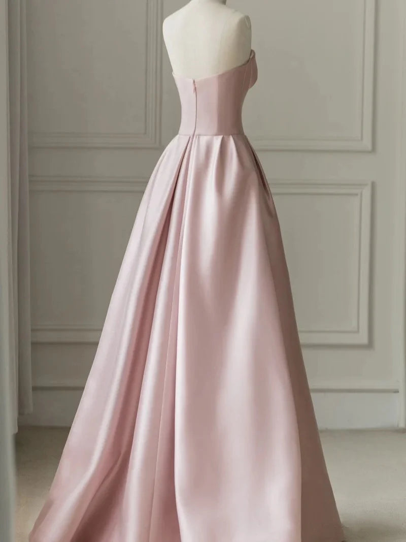 A-Line Sleeveless Tulle Satin Floor-Length Strapless Prom Dress Evening Gown with Slit