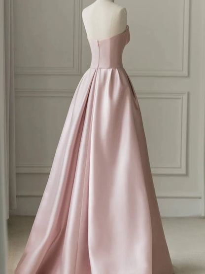 A-Line Sleeveless Tulle Satin Floor-Length Strapless Prom Dress Evening Gown with Slit