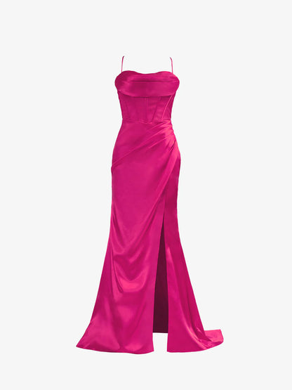 Meerjungfrau-Ballkleid aus Satin mit Spaghettiträgern und Schlitz