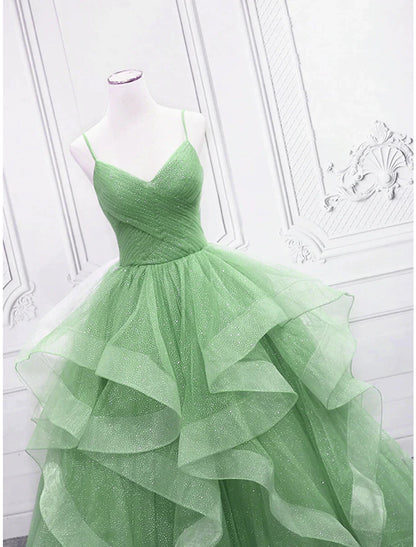 Ballkleid, Ballkleider, glitzerndes Kleid, formell, bodenlang, ärmellos, V-Ausschnitt, Tüll mit glitzernden Rüschen