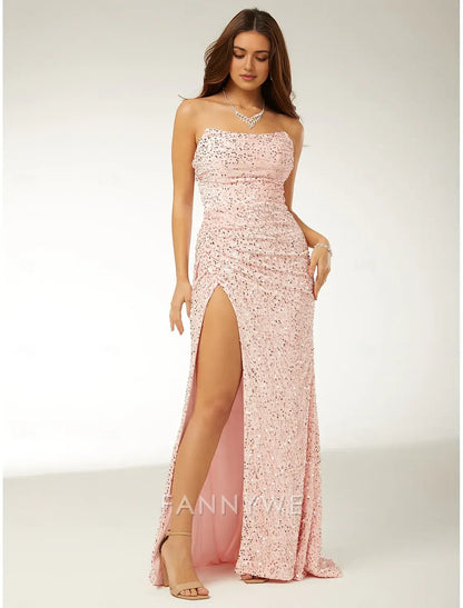 FannyWe Simple Sheath / Column Prom Dresses Beach Wedding Elegant Dress Formal Prom Floor Length Sleeveless Strapless Sequined with Glitter Sequin