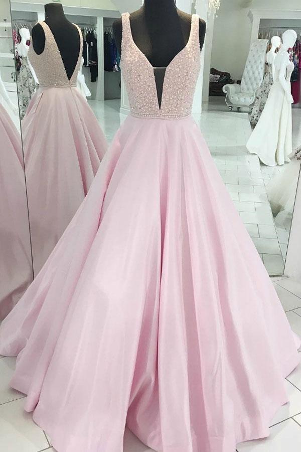 V-Neck Satin Deep Sleeveless Open Back Long Prom Dress