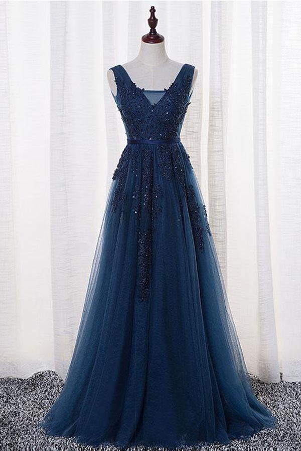 A-Line V-neck Floor length Appliques Tulle Prom Dress