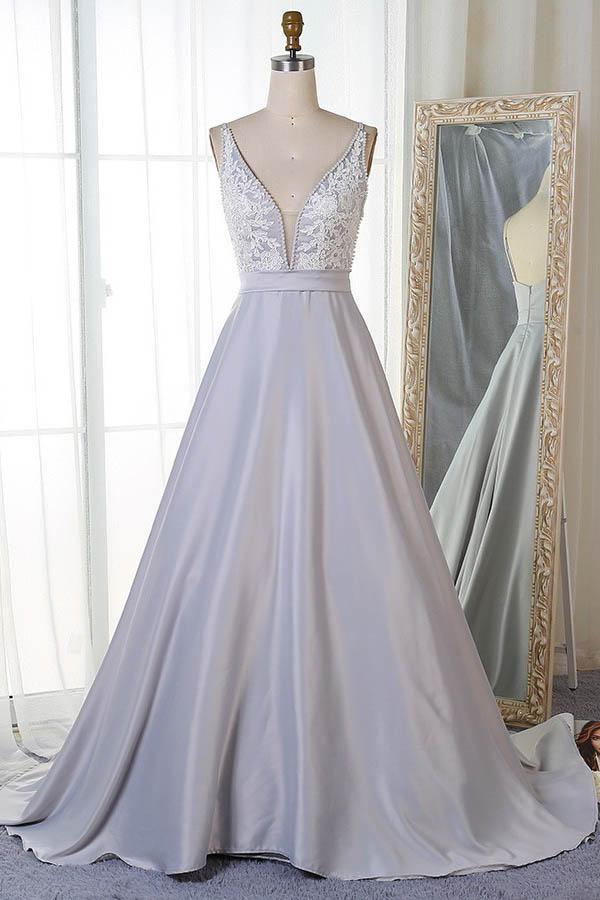 A-Line V-Neck Sweep Appliques Train Satin Prom Dress