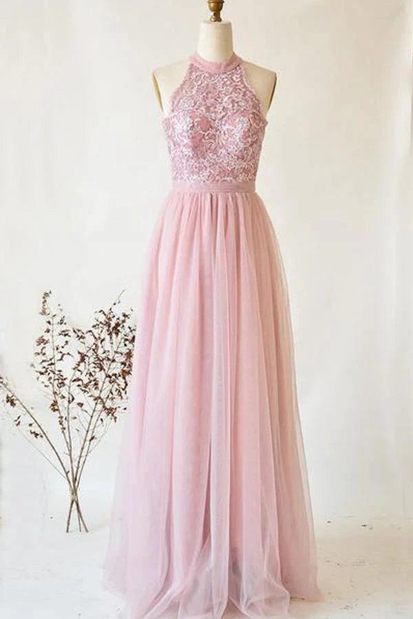 Strapless Tulle Lace High Neck Long Prom Dress