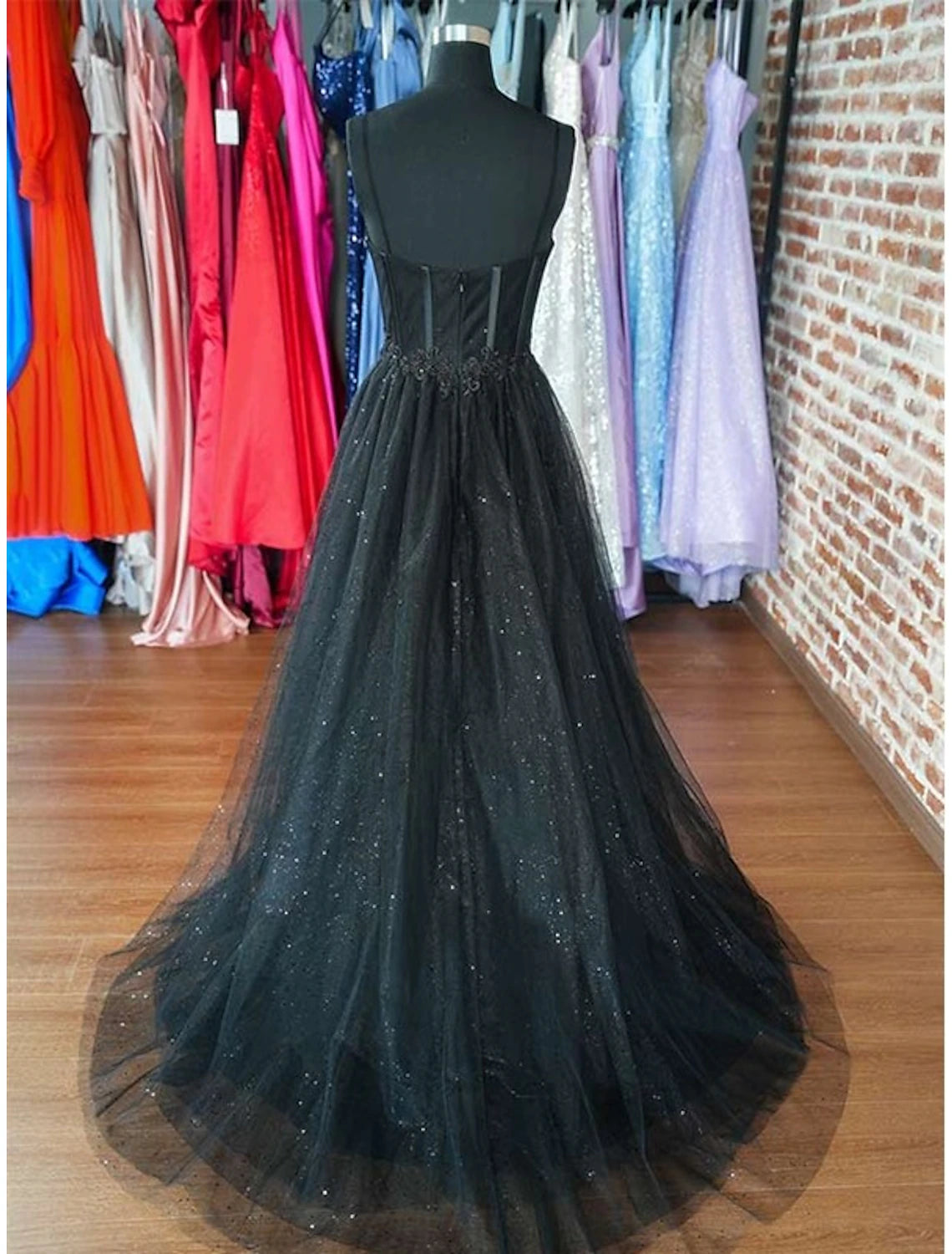 A-Line Prom Dresses Glitter Black Dress Wedding Dresses Formal Gothic Dress Floor Length Sleeveless Sweetheart Spaghetti Tulle with Slit