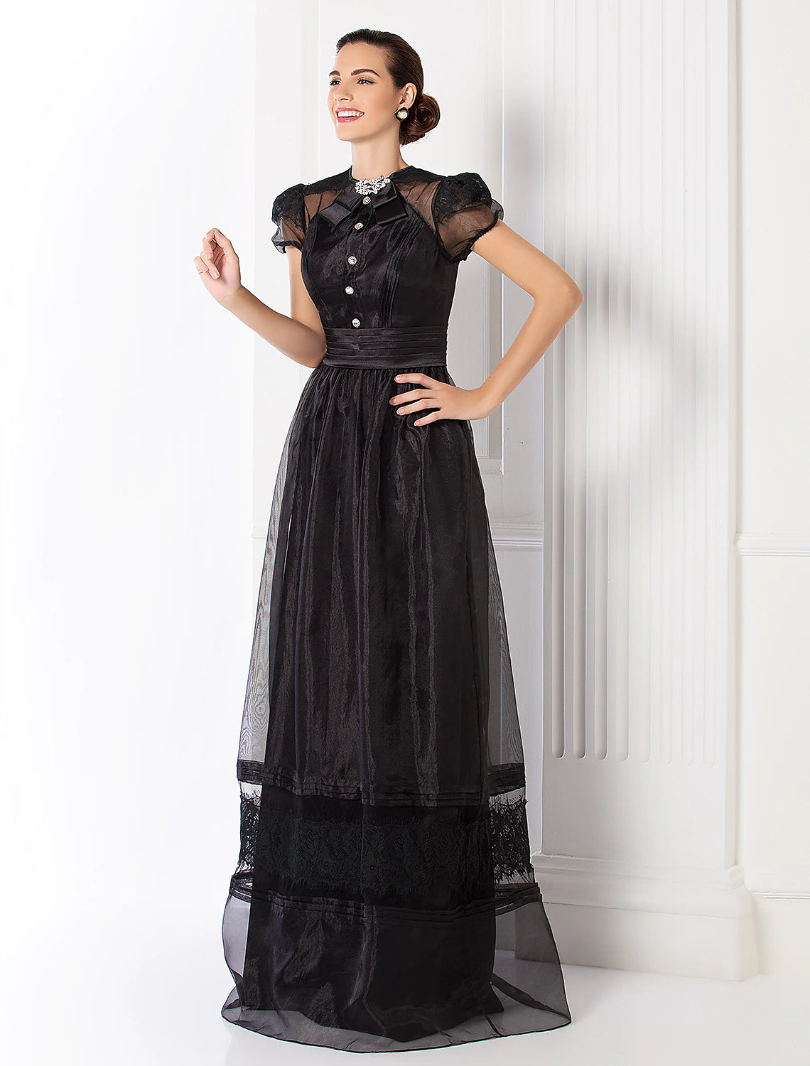 Sheath / Column Elegant Dress Prom Formal Evening Floor Length Short Sleeve Jewel Neck Organza with Lace Sash / Ribbon Ruched