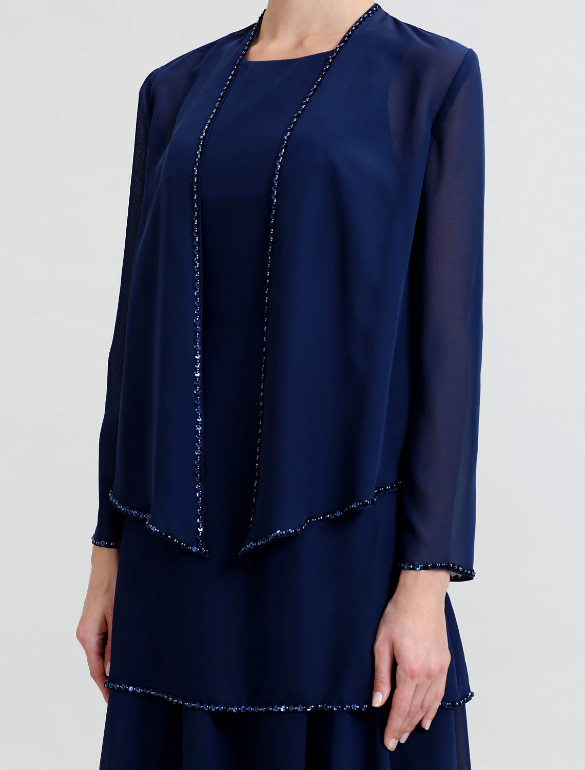 Vestido de gasa para madre de la novia, de dos piezas, con escote redondo, largo hasta la rodilla, con cuentas y lentejuelas.